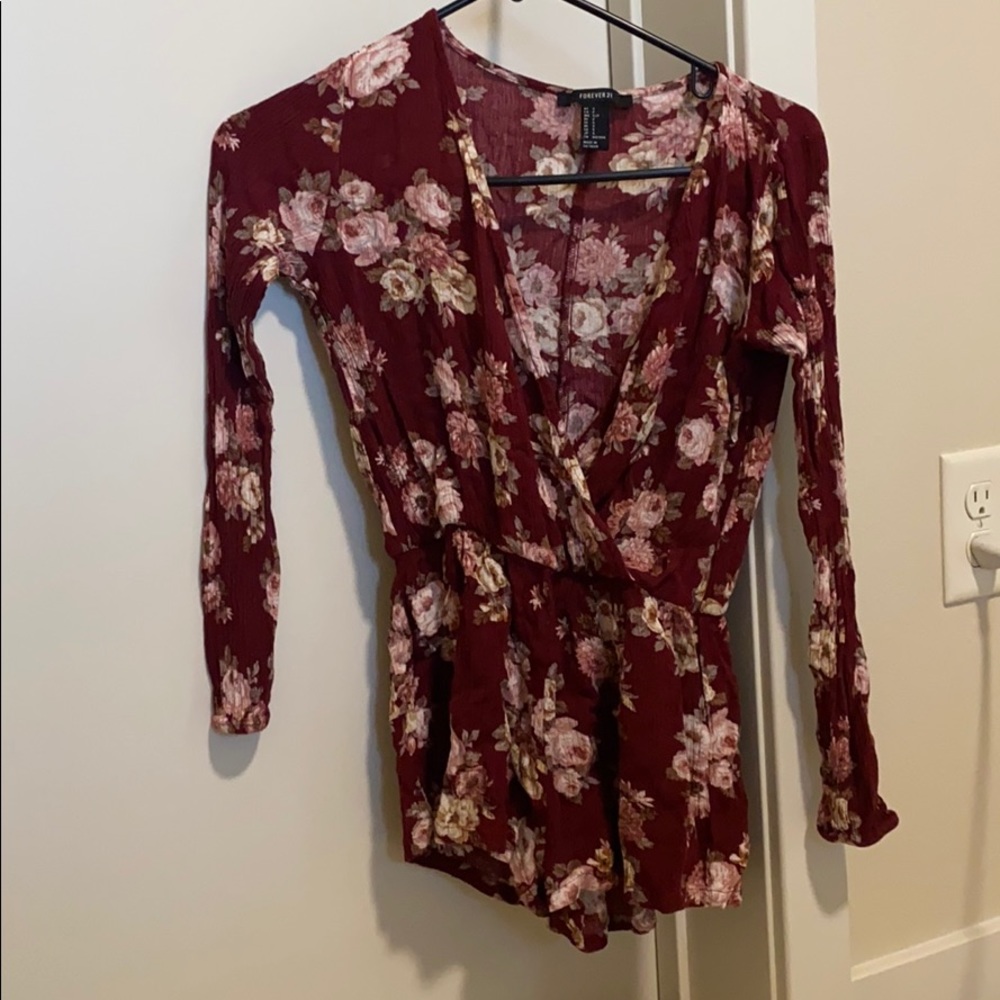 Burgundy flower long sleeve romper